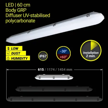 Industrial led luminaire 120-cm body grp polycarbonate high temperature 30-60