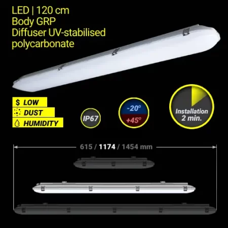 Industrial LED luminaire | 120 cm | Body GRP | Diffuser UV-stabilised polycarbonate