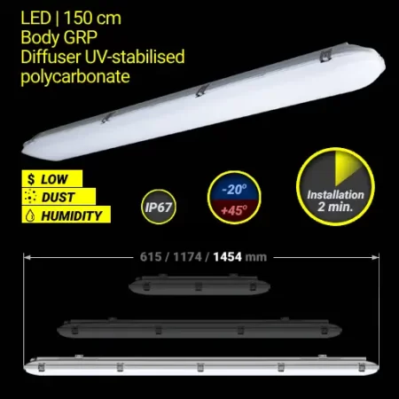 Industrial LED luminaire | 150 cm | Body GRP | Diffuser UV-stabilised polycarbonate