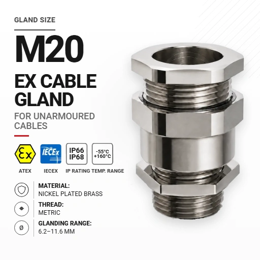 Cable gland M20 20S Nickel plated brass | Non-armoured | Metric