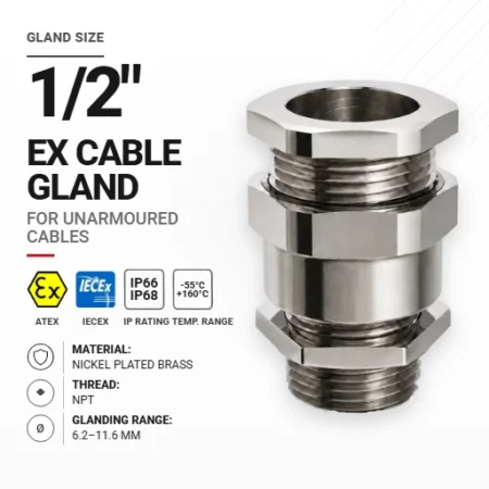 Cable gland 1/2" 20S Nickel plated brass | Non-armoured | NPT
