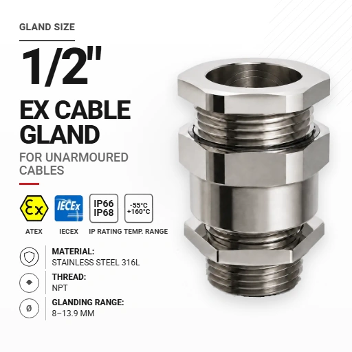 Cable gland 1/2" 20 Stainless steel 316L | Non-armoured | NPT