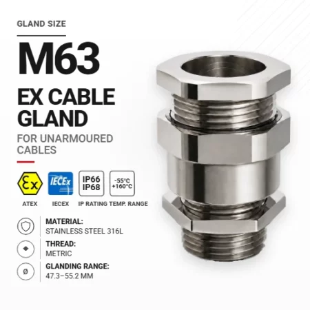 Cable gland M63 Stainless steel 316L | Non-armoured | Metric