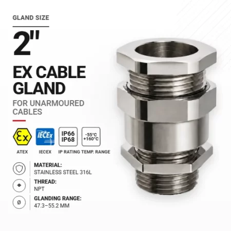Cable gland 2" 63 Stainless steel 316L | Non-armoured | NPT
