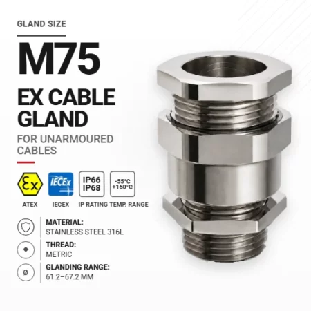 Cable gland M75 Stainless steel 316L | Non-armoured | Metric