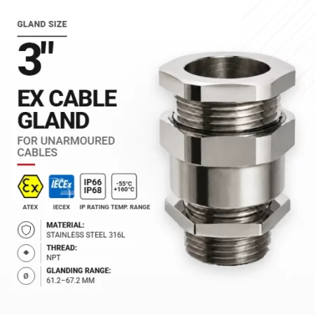 Cable gland 3" 75 Stainless steel 316L | Non-armoured | NPT
