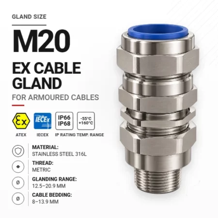 Cable gland M20 Stainless steel 316L | Armoured | Metric