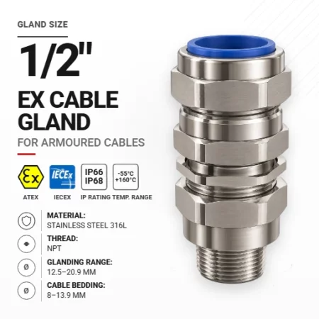 Cable gland 1/2" 20 Stainless steel 316L | Armoured | NPT