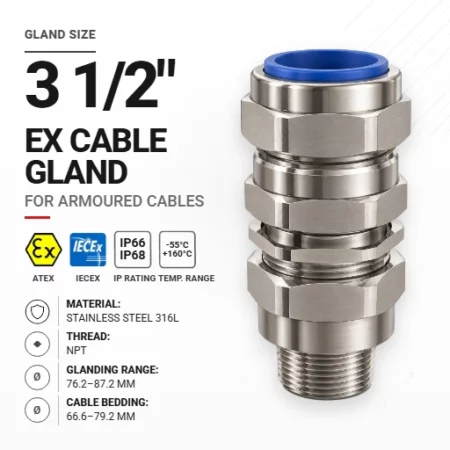 Cable gland 3 1/2" 90 Stainless steel 316L | Armoured | NPT
