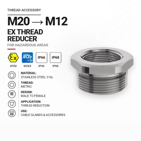 Redukcja gwintu M20 → M12 Stal nierdzewna 316L | Metryczna