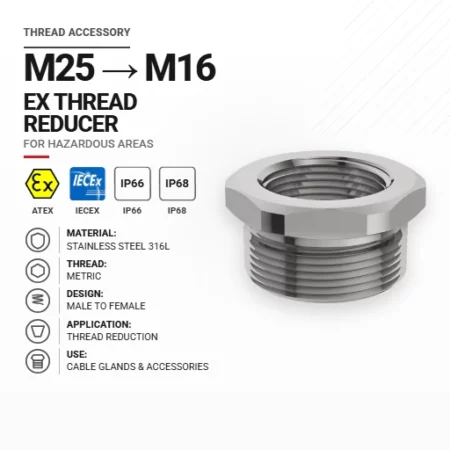 Redukcja gwintu M25 → M16 Stal nierdzewna 316L | Metryczna