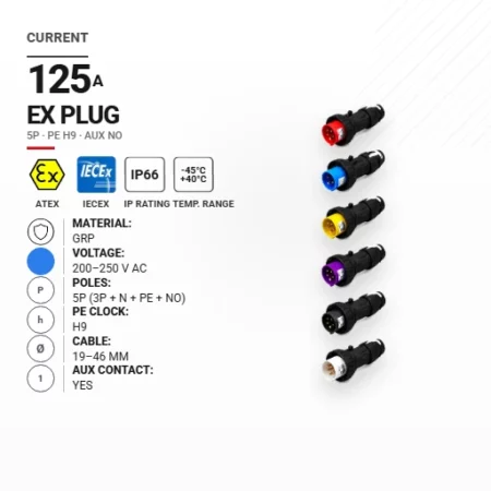 Wtyk 125 A | 200–250 V AC | 5P | PE h9 | AUX NO