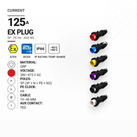 Wtyk 125 A | 380–415 V AC | 5P | PE h6 | AUX NO